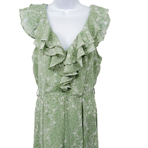 Listicle Floral Print Chiffon Ruffle Wide Leg V-Neck Jumpsuit Green Medium - Picture 4 of 11